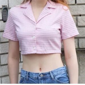Brandy Melville John Galt Plaid Vivian Collared Button Down Crop Top pink